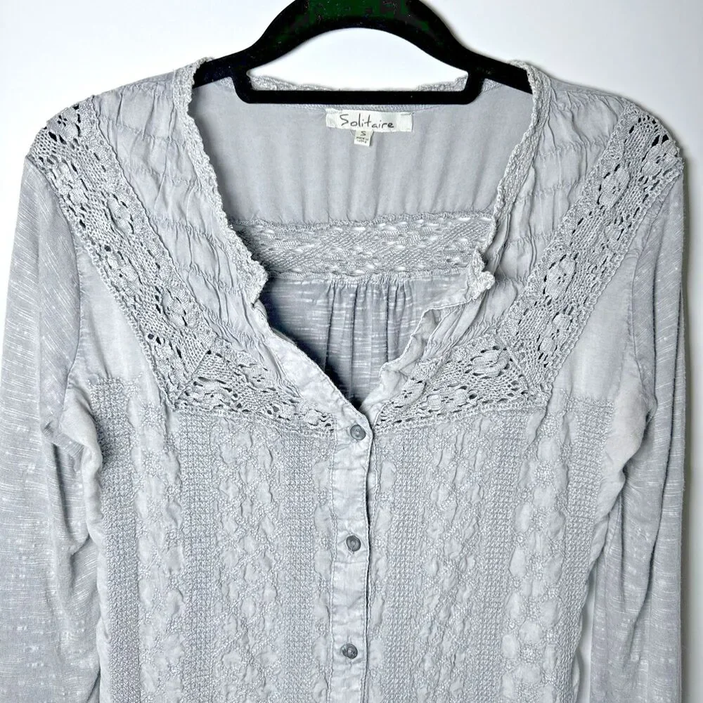 Solitaire Blouse Small Gray Crochet Lace‎ Embroidered Rayon Boho Peasant Top